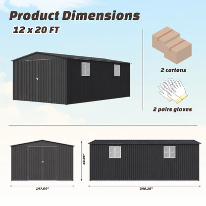 12ft. X 20ft. Metal Storage Shed with Sloped Roof And Lockable Door, Black