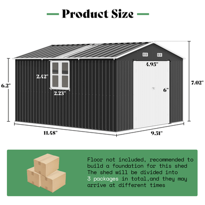 Jocisland 10X12X7 FT Galvanized Steel Storage Shed with 2 4-Pane Windows Hinged Double Doors, Outdoor Shed for Backyard, Garden, Patio