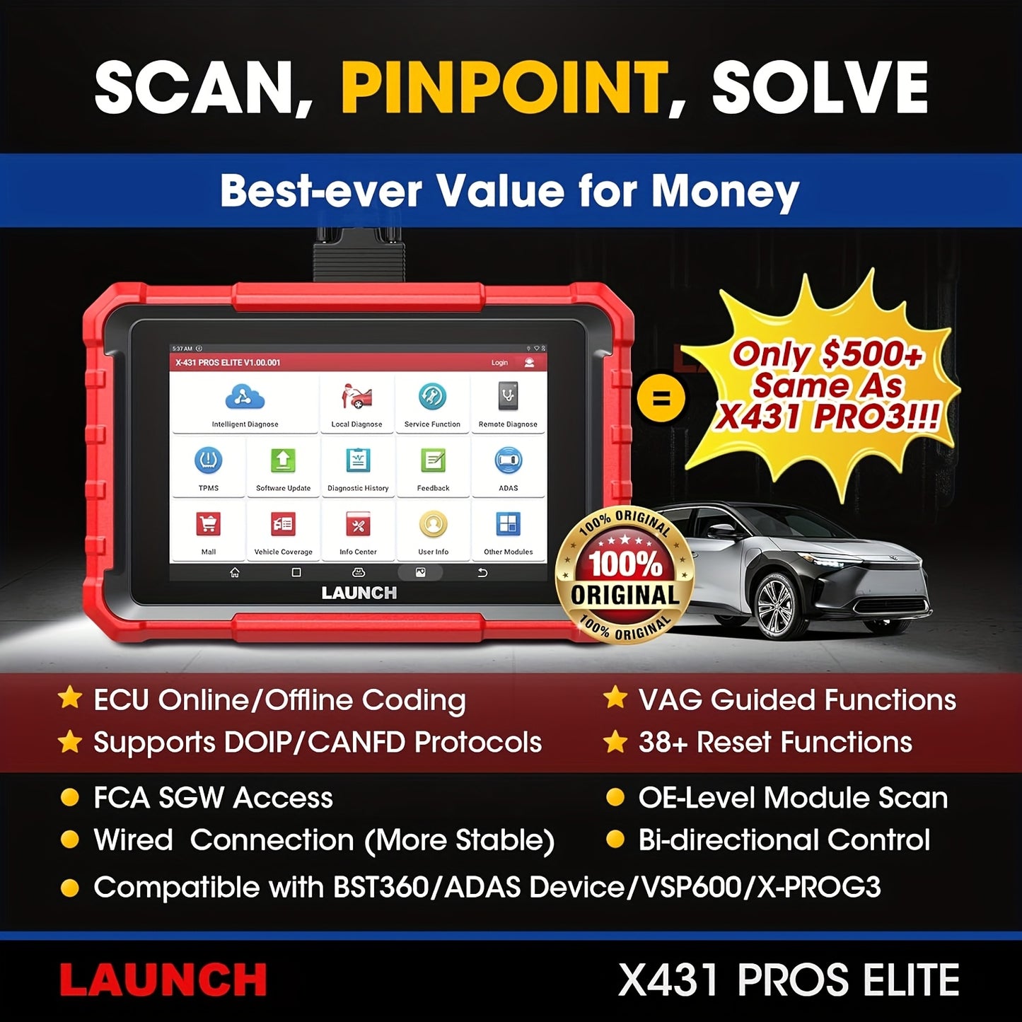 LAUNCH X431 PROS Elite 2025 New Bidirectional Scan Tool, 38+ Services, ECU Coding, All-In-One Full System Diagnostic Scanner, Support CANFD & Doip, FCA Autoauth, V.A.G Guided, 2 Years Free Update, Without Battery
