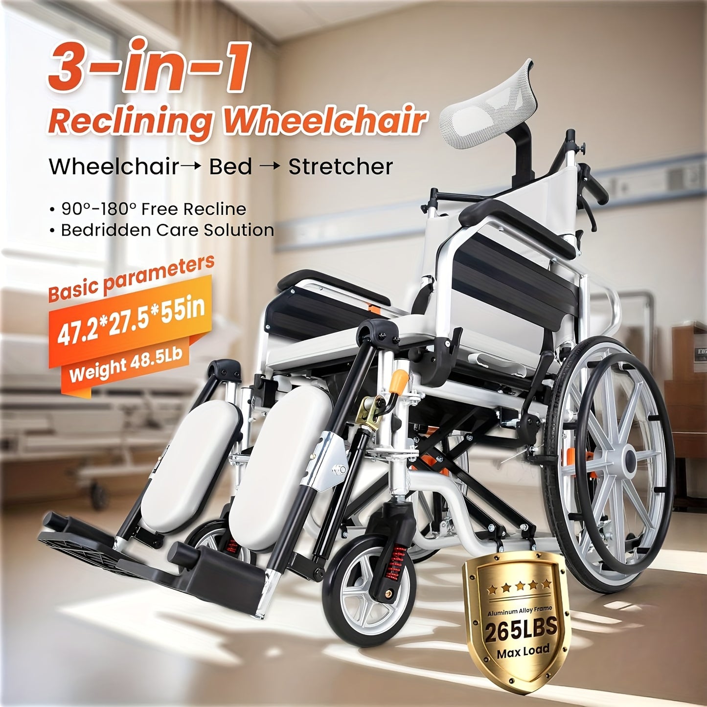 4-in-1 Reclining Wheelchairs, Waterproof Shower Bathroom Wheelchair, Transport Wheelchairs with Elevating Leg Rests And Potty- 18.5" Wide Seat Heavy Duty Recliner Wheel Chair for Seniors & Adults