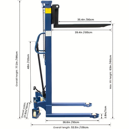 Industrial Heavy-Duty 2200lbs Manual Hydraulic Pallet Stacker | Adjustable Lift Height 3.78"-63" | Fixed Legs & Blue Metal Grid Design | Adjustable Forks For Open Bottom/Block Pallets | Ideal For Warehouses, Factories & Industrial Use