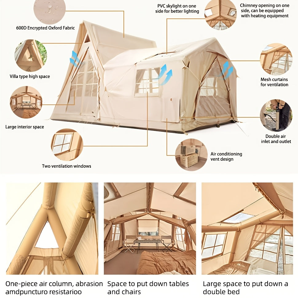 Large Inflatable Tent For 8-10 Person - 135 SQFT Inflatable Cabin Tents For Camping Instant Setup Blow Up Tent 4 Season Inflatable Tents With Stove Jack