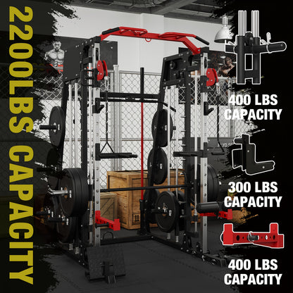 ALL-IN-ONE 2200lbs Smith Machine Home Gym, Squat Rack with LAT-Pull Down System & Cable Crossover Machine, Training Equipment with Weight Bar, 360° Landmine, Barbell Holders And Other Attachments, Total Body Strength Training Cage