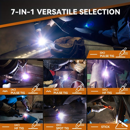 ARCCAPTAIN TigACDC Welder, 7-in-1 Welding Machine, TIG, DC Pulse TIG, AC TIG, AC Pulse TIG, AC Pulse TIG (Square Wave), AC Pulse TIG (Triangular Wave), STICK, And SPOT TIG. Voltage Input (110V/220V)