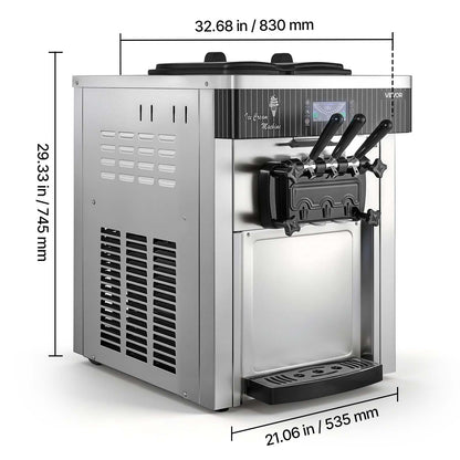 Commercial Ice Cream Machine, 20-28L/H Yield, 2200W 3-Flavor Countertop Soft Serve Ice Cream Maker, Pre-Cooling Self-Cleaning for Snack Dessert Shops