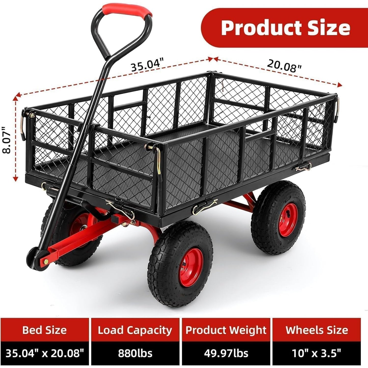 Heavy Duty Garden Utility Cart, Metal Dump Wagon with Removable Sides and 180° Rotating Handle, Yard Garden Cart on Wheels for Outdoor