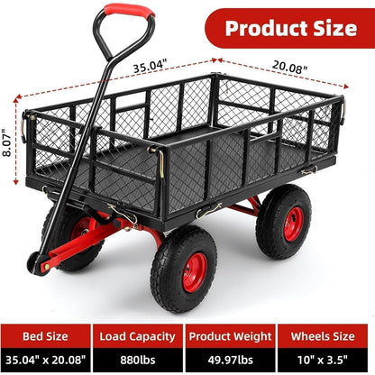 Heavy Duty Garden Utility Cart, Metal Dump Wagon with Removable Sides and 180° Rotating Handle, Yard Garden Cart on Wheels for Outdoor