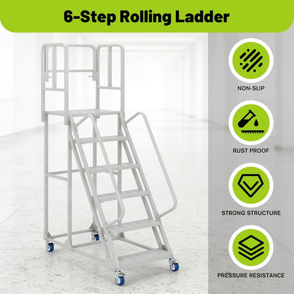 A 6-Step Rolling Ladder Measuring 24 Inches Wide And 90 Inches High, Featuring Dual Handrails And Lockable Wheels, Capable of Supporting Up to 1200 Pounds. This Heavy-Duty Mobile Platform Ladder Is Ideal for Use in Warehouses, Supermarkets