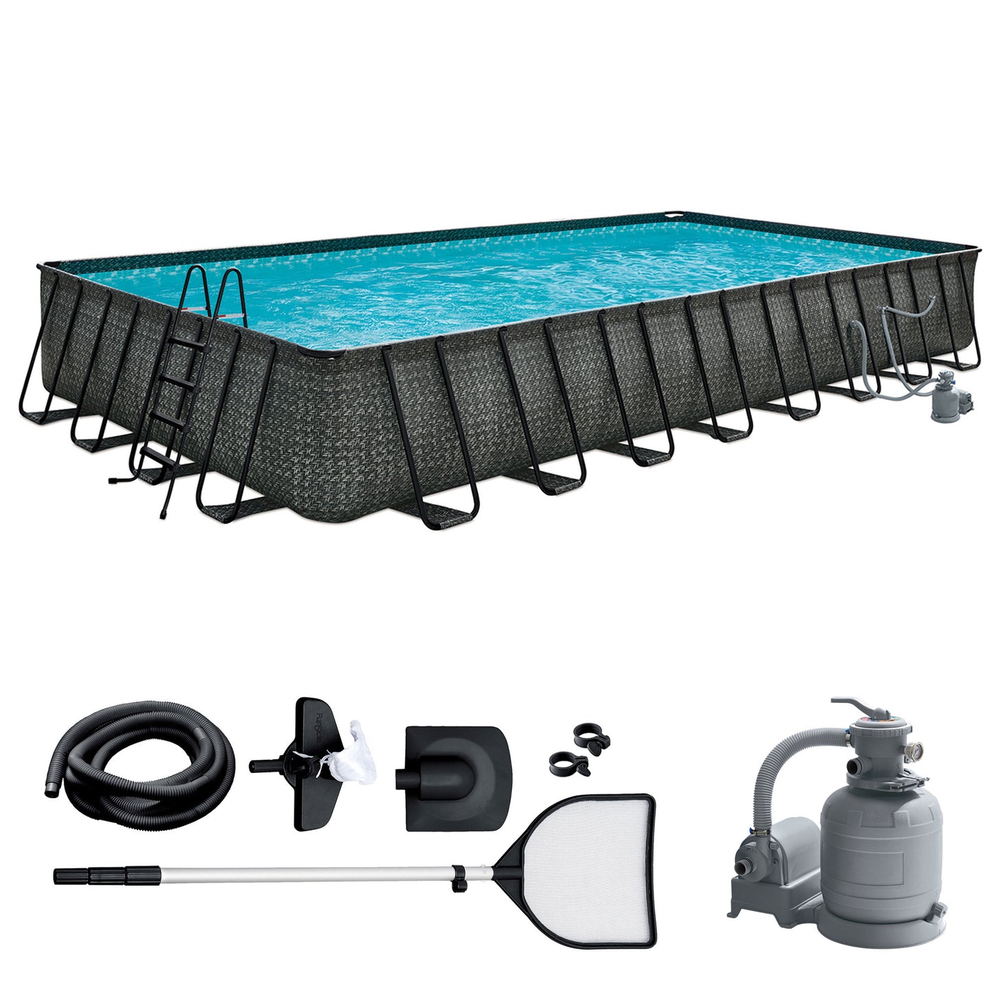 Funsicle Oasis Designer Outdoor Rectangular Frame Above Ground Swimming Pool Set with Accessories and Maintenance Kit, Dark Herringbone Gray