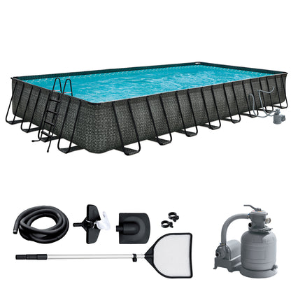Funsicle Oasis Designer Outdoor Rectangular Frame Above Ground Swimming Pool Set with Accessories and Maintenance Kit, Dark Herringbone Gray