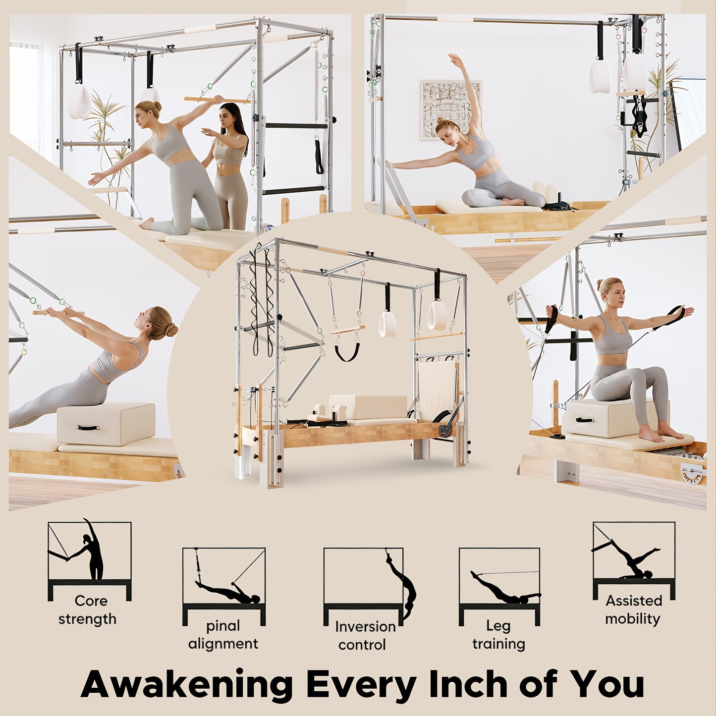 Premium 3-In-1 Wood Pilates Reformer with Cadillac Trapeze, 800Lb Capacity Home Gym System with Jumpboard, Sitting Box And Complete Set of Additions