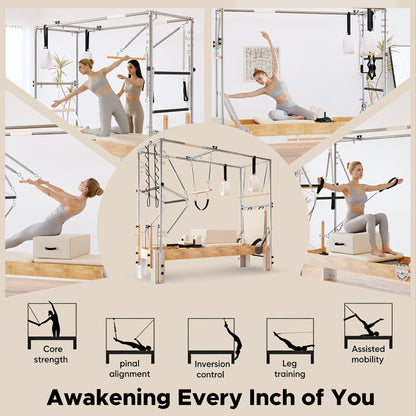 Premium 3-In-1 Wood Pilates Reformer with Cadillac Trapeze, 800Lb Capacity Home Gym System with Jumpboard, Sitting Box And Complete Set of Additions