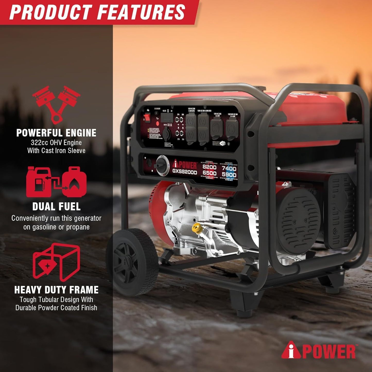 A-iPower 8200W Portable Generator Dual Fuel, Gas and Propane Powered Power Supplies with 322cc OHV Engine, CO Sensor, Heavy Duty Generators For Jobsite, RV, Whole House Backup Emergency
