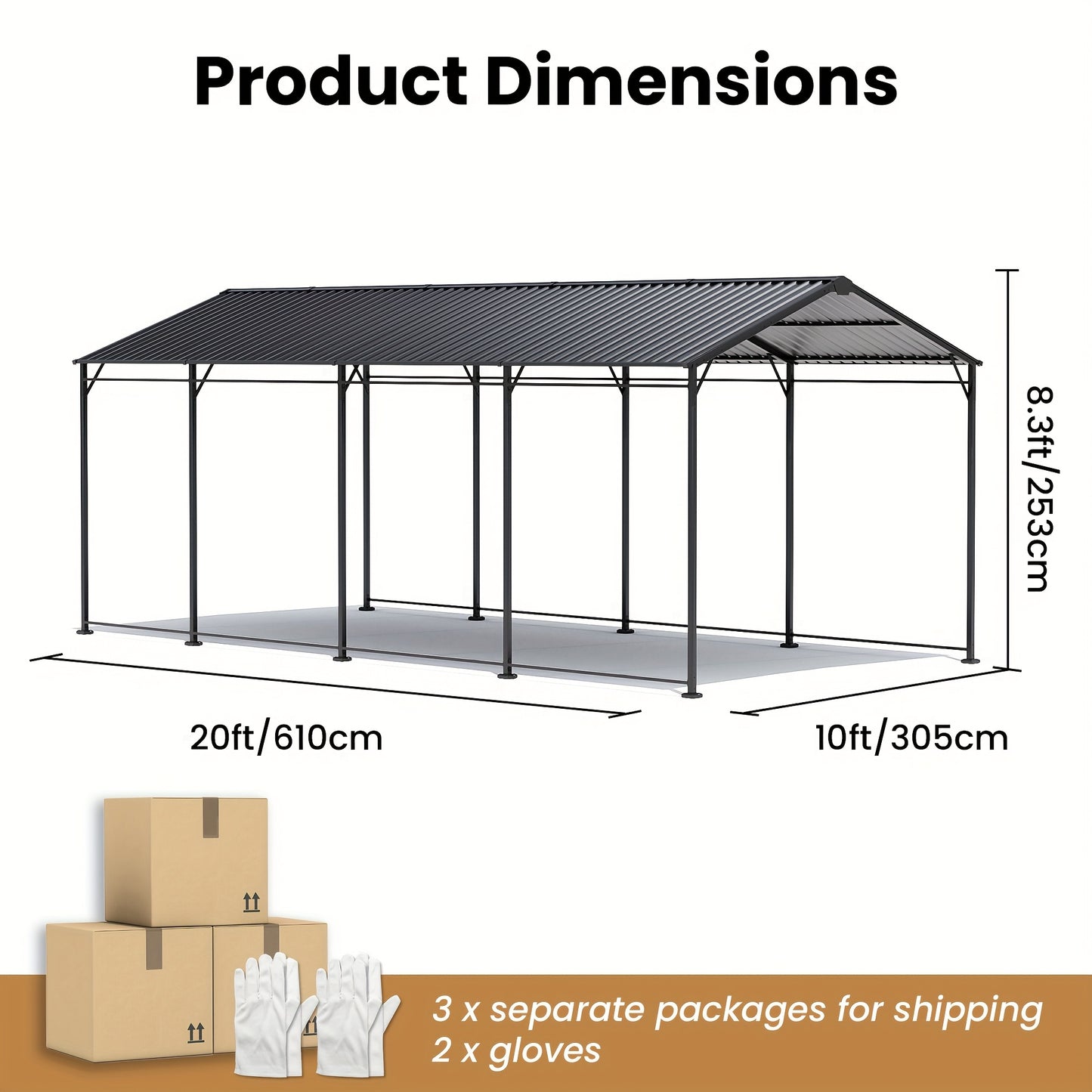 10x20ft Flat Roof Carport, Heavy Duty Iron Garage For Car, Truck, SUV - Dark Grey Outdoor Vehicle Shelter With Straight Top, Parking Canopy For Driveway, RV, Boat