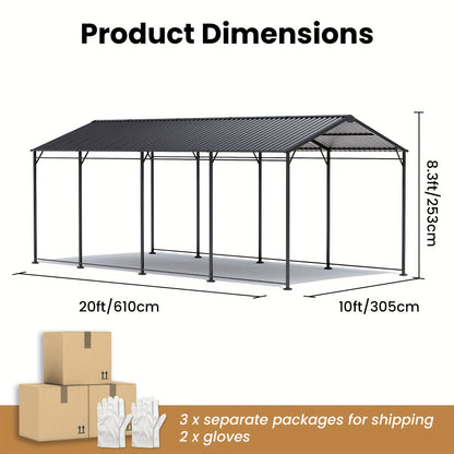 10x20ft Flat Roof Carport, Heavy Duty Iron Garage For Car, Truck, SUV - Dark Grey Outdoor Vehicle Shelter With Straight Top, Parking Canopy For Driveway, RV, Boat