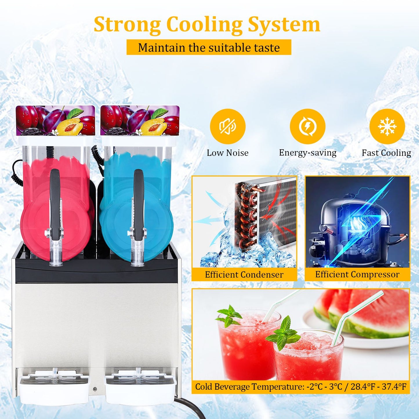 Commercial Slushy Machines with a Capacity of 30 Liters Or 8 Gallons, Featuring 860 Watts of Power, Made of Stainless Steel, Designed for Making Frozen Drinks And Margaritas, Includes a Self-Cleaning Function, Perfect for Cocktails, Restaurants