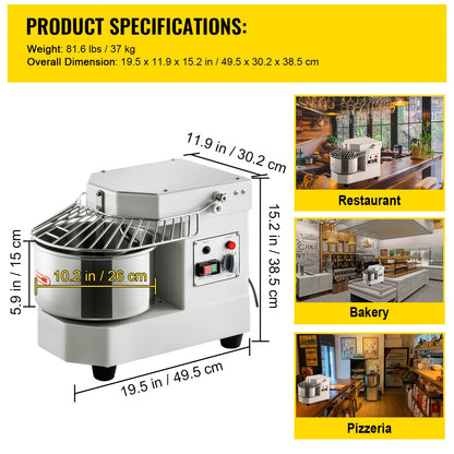 Happybuy 8.5Qt Commercial Food Mixer, 450W Dual Rotating Dough Kneader, Stainless Steel Bowl, Security Shield, Timer, Baking Equipment for Restaurant Pizzeria