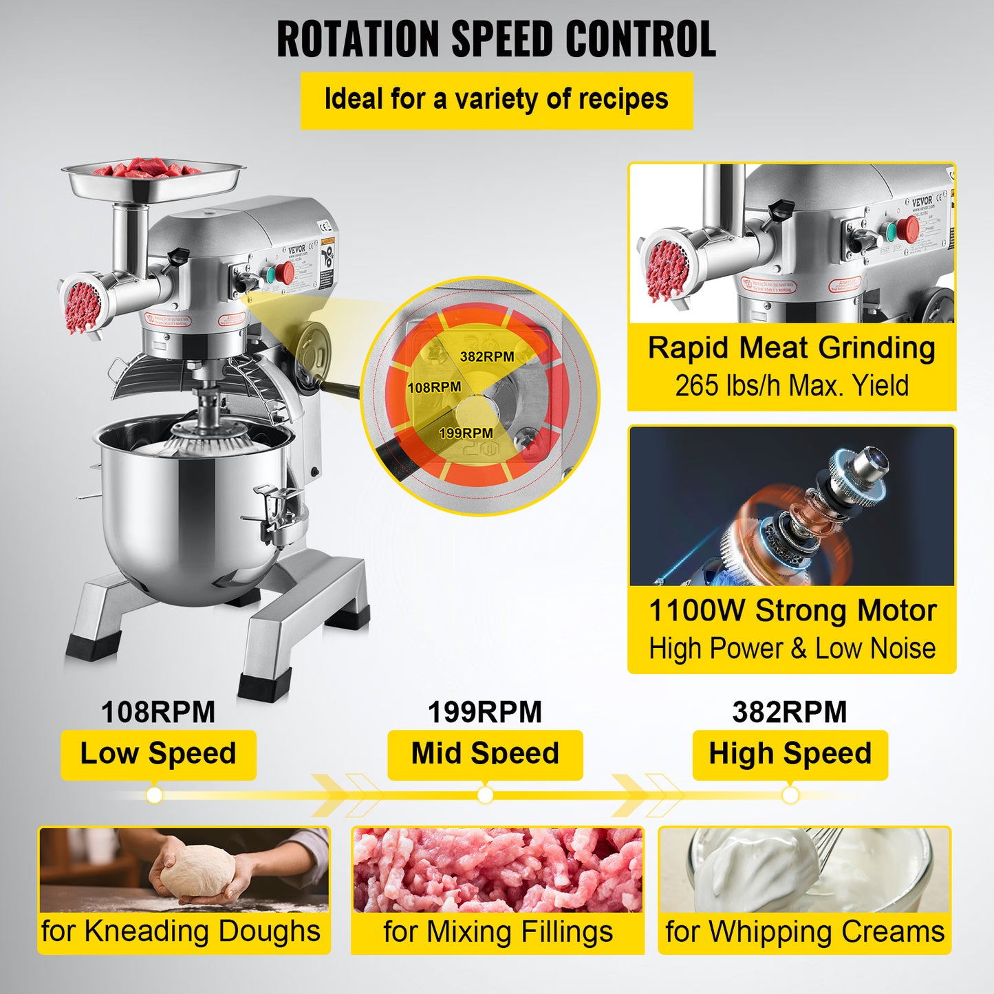 Commercial Stand Mixer, 20Qt Stainless Steel Bowl, 1100W 2 in 1 Multifunctional Electric Food Mixer with Meat Grinder & 3 Speeds, Dough Hook Whisk Beater Included, Perfect for Bakery Pizzeria