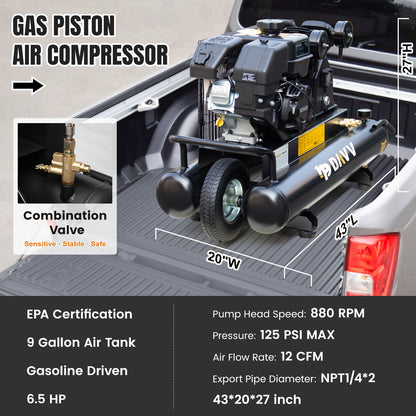 6.5HP Gas Powered Portable Air Compressor With 9 Gal Twin Tank, 12 CFM@125 PSI, Without Battery