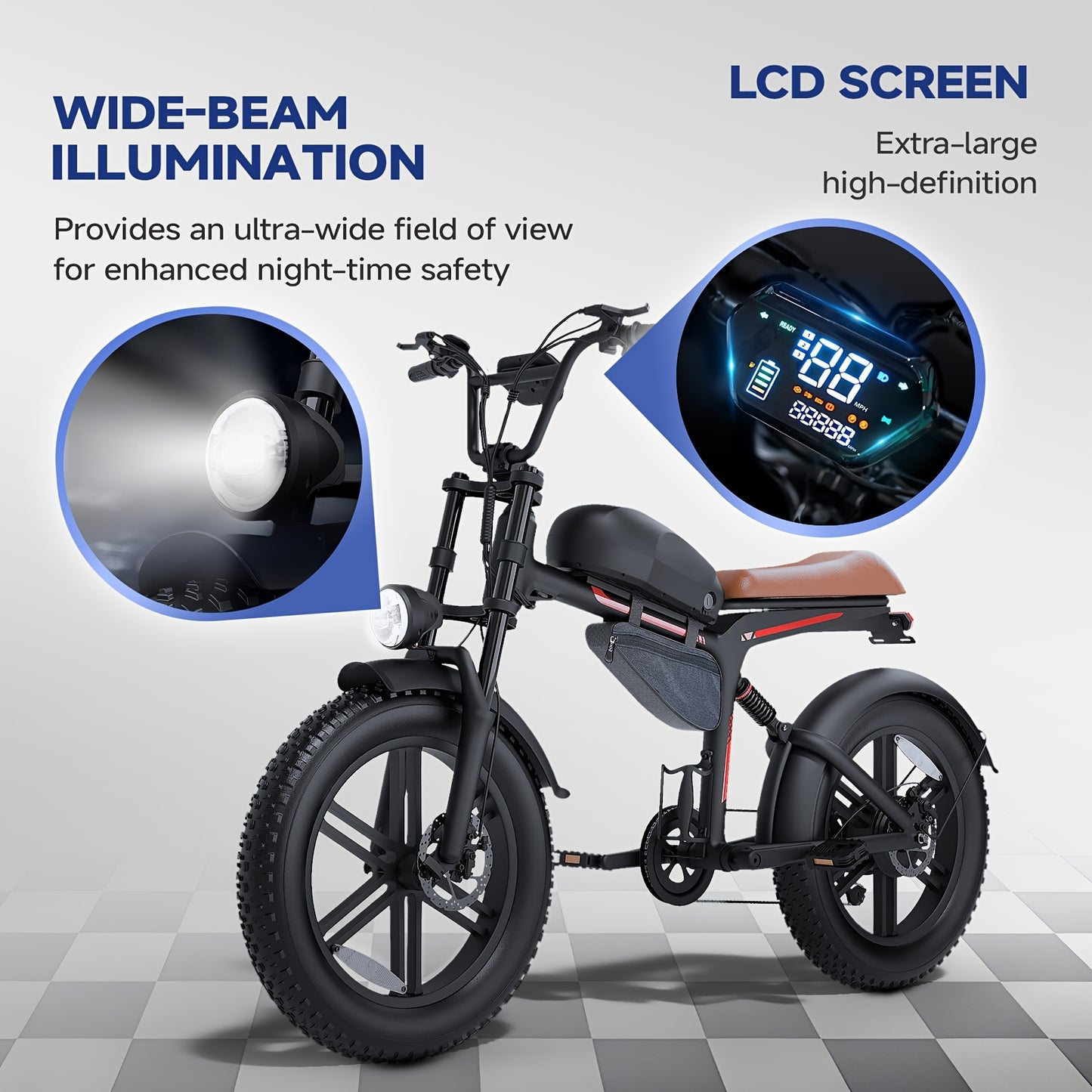 Retro Motorcycle Style Electric Bike for Adults, 20"x4.0" Tire, 48V 18Ah Battery for 60-90 Miles Long Range & Fast Speed, 7-Speed, Ideal for City Commuting, Trail Riding And Leisure Cruising.
