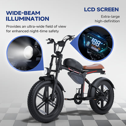 Retro Motorcycle Style Electric Bike for Adults, 20"x4.0" Tire, 48V 18Ah Battery for 60-90 Miles Long Range & Fast Speed, 7-Speed, Ideal for City Commuting, Trail Riding And Leisure Cruising.
