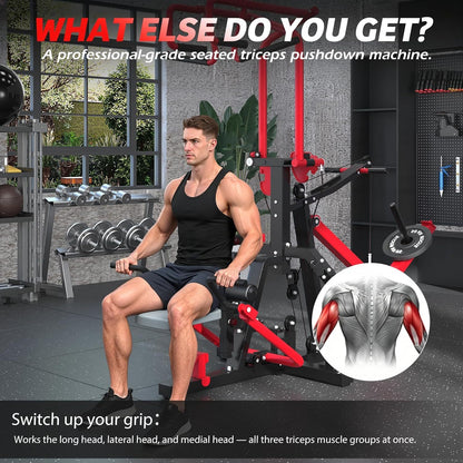 3-in-1 LAT Pull Down Scissor-Style feat Seated Row & Tricep Machine, Back Workout Plate Loaded Machine, LAT Tower with Cable Row Attachment, Home Gym Pulley System Machine