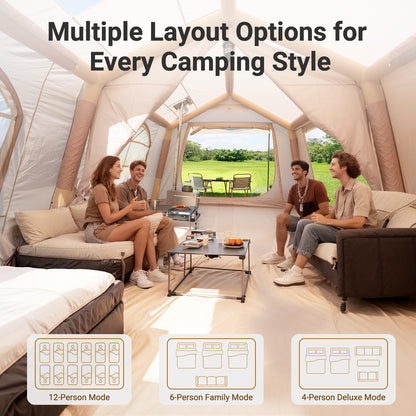 12 Person Inflatable Camping Tent, Easy Setup Blow Up Tent with Hand Pump, PU3000mm Waterproof & Breathable 4 Season Glamping Tent for Outdoor Camping