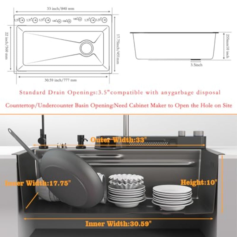33x22x10in Black Smart Kitchen Sink Digital Display Ambient Light Multifunction Waterfall Kitchen Sinks 8 Gauge Metal Black Stainless Steel Single Bowl Workstation Sink with Soap Dispenser