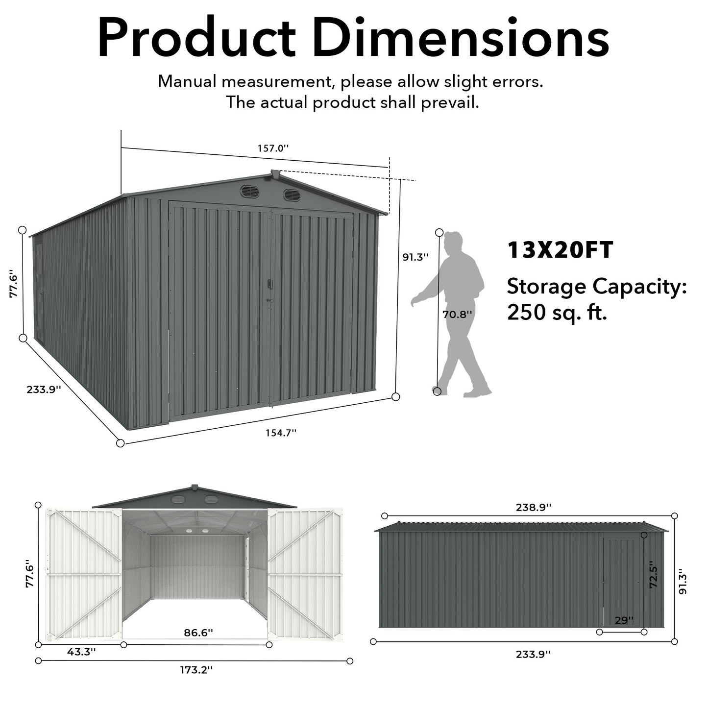 Chery Industrial 23'x22' & 10'x20' & 13'x20' Metal Garage Sheds with Side Door, Double Doors Galvanized Steel Storage Buildings