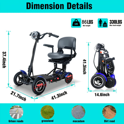 Electric Folding Four-Wheel Scooter 500W 11MPH 36V15.6AH 30 Miles Range 330LBS Load Capacity Mobility Scooter With Basket