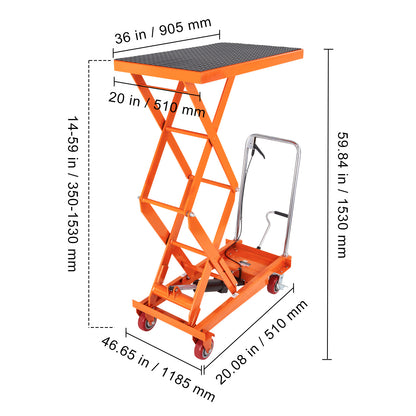Hydraulic Lift Table Cart, 770/1760lbs Capacity 59" Lifting Height, Manual Double Scissor Lift Table with 4 Wheels and Non-slip Pad, Hydraulic Scissor Cart for Material Handling and Transportation