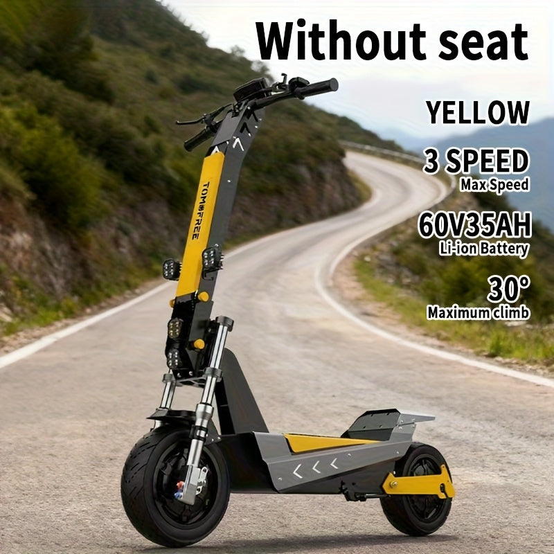 Tomofree Adult Electric Scooter, 60V35Ah 3-speed Range Of Approximately 75 Miles, 11 Inch Tires with Seats, Multiple Hydraulic Shock Absorbers with A Maximum Load Capacity Of 300 Pounds, Front Headlights, Foldable, LCD Display Screen