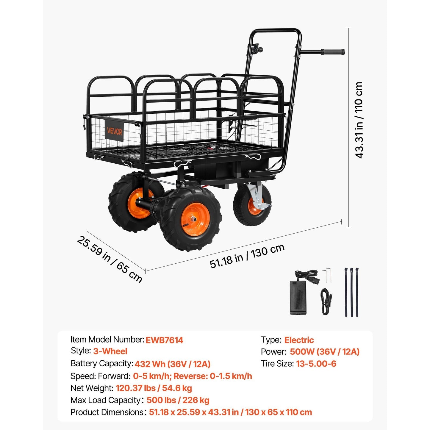 Electric Utility Cart, 36V 432Wh Battery Powered Electric Wagon, 500W Power Wheelbarrow with Brake, 500 lbs Load Heavy Duty Steel Garden Cart for Farm and Yard All Purpose Modular Cargo Bed