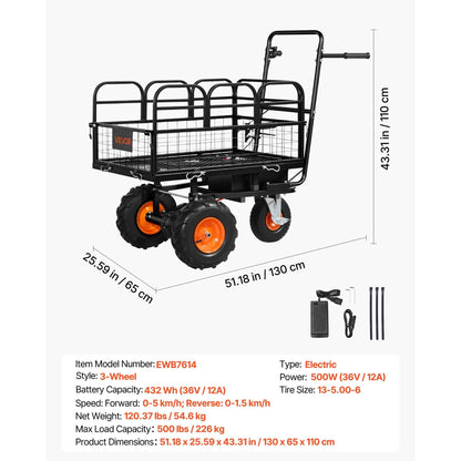 Electric Utility Cart, 36V 432Wh Battery Powered Electric Wagon, 500W Power Wheelbarrow with Brake, 500 lbs Load Heavy Duty Steel Garden Cart for Farm and Yard All Purpose Modular Cargo Bed