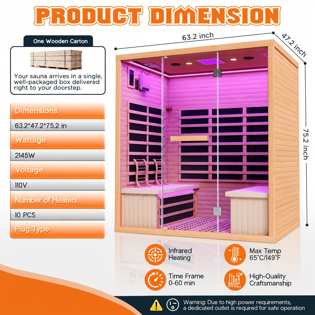 4-Person Infrared Sauna, 2145W Hemlock Wood Indoor Spa with Foot Warmer& 7-Color Light Therapy, Ambient Light Strips 63.2"x47.2"x75.2"