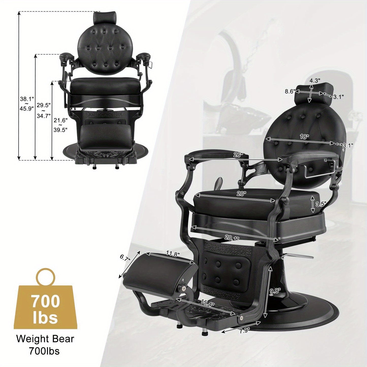 Heavy Industry Barber Shop Vintage Barber Chair, Hairdresser Reclining Salon Chair, Hydraulic Multi-function Barber Shop Beauty Spa Shampoo Hairdressing Equipment with Adjustable Headrest