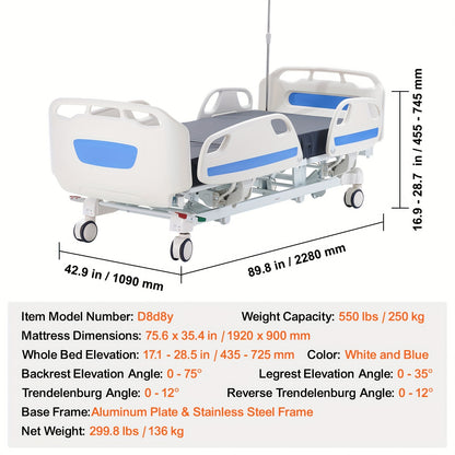 Happybuy Premium 5-Function Full Electric Hospital Bed, ICU Electric Bed With Trendelenburg & Reverse Trendelenburg, 5-Inch Locking Casters & IV Pole, 550LBS Capacity For Home & Hospital Use
