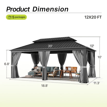 12' X 20' Outdoor Hardtop Gazebo, Aluminum Frame with Double Steel Roof, Privacy Curtain And Netting for Poolside, Backyard