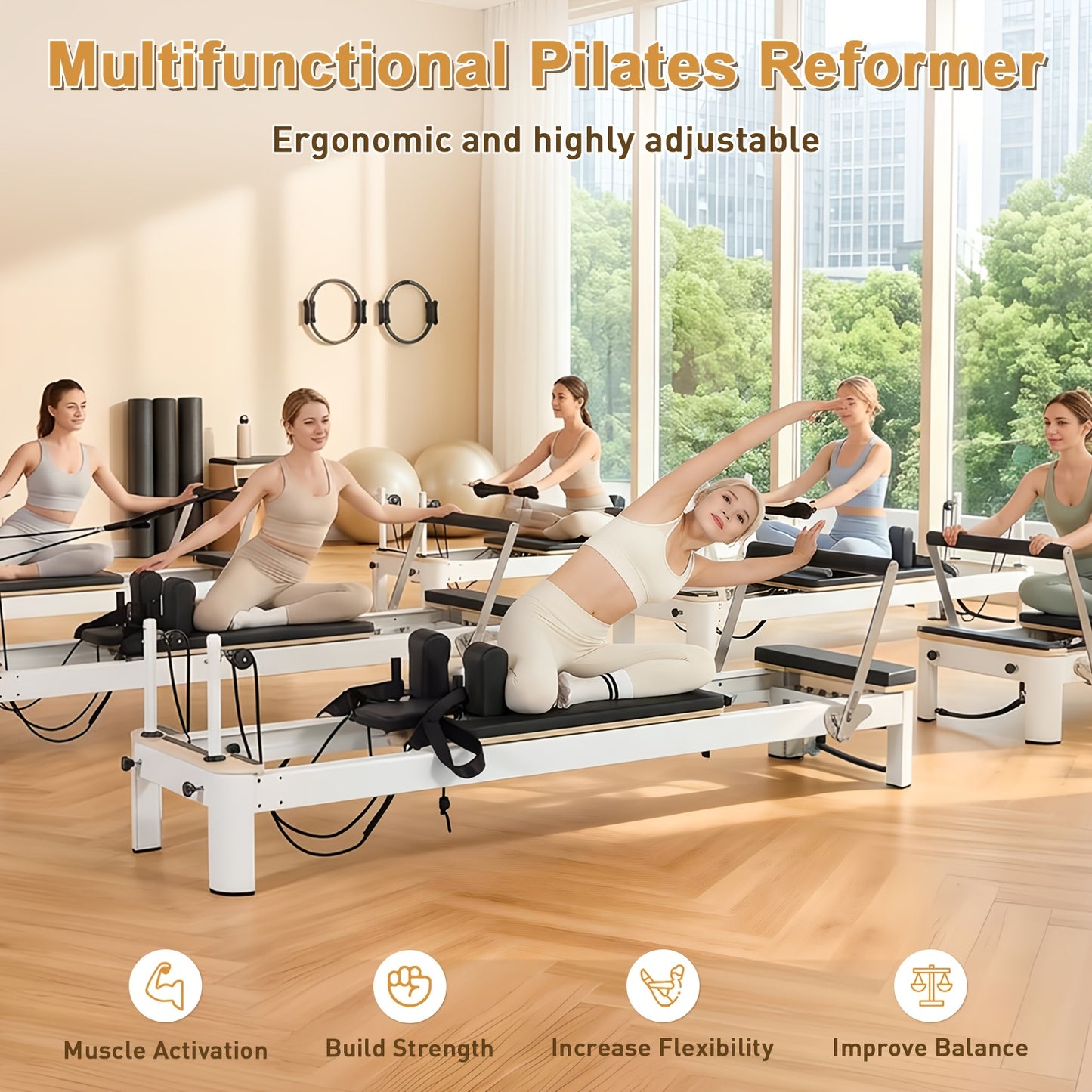 Pilates Reformer Machine, 95" Foldable Studio Grade Pilates Equipment with Adjustable Reformer Heights for Gym, Studio And Home, Pilates Reformer with Jump Board