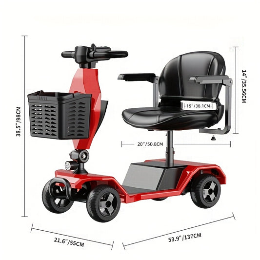 Foldable Four-Wheel Electric Bicycle Scooter, 250W Motor, 24V12A Battery, 15.5 Miles of Range, 8-Inch Solid Tires, 300-Pound Load-Bearing, Detachable Basket, Front Lights, 360-Degree Swivel Seat, Portable When Going Out, Perfect Gift