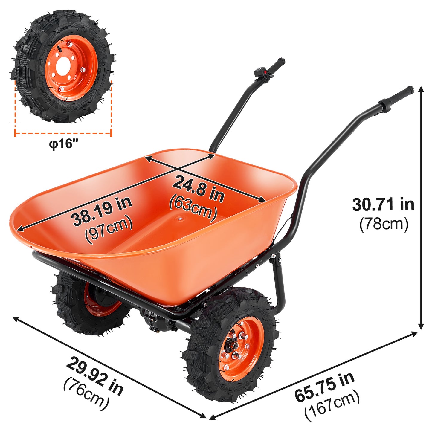 Electric Wheelbarrow Cart, 500W Powered Utility Garden Wagon Dump Cart, 4.5 Cu. Ft. Load & 573 lbs Capacity with Metal Handle & 16" Track Wheels, Two Wheel Barrow Yard Cart & Wagons for Lawn