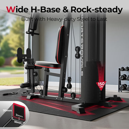 Multifunctional for home Gym Equipment, 150LBS Rustproof Weight Stack All-In-One Workout Machine, 35+ Exercise Functions with Adjustable Seat & Pulley System, Stable H-Base Full Body Trainer for Home, Garage & Apartment, Without Battery