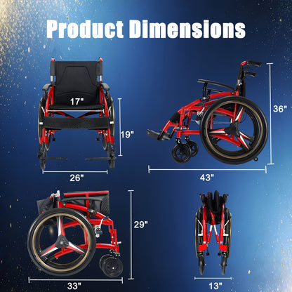 Lightweight Adult Wheelchair Self-Propelled, 33Lbs Foldable Aluminum Manual Wheelchair with Adjustable Footrests, Portable Travel Wheelchair 220Lbs Capacity