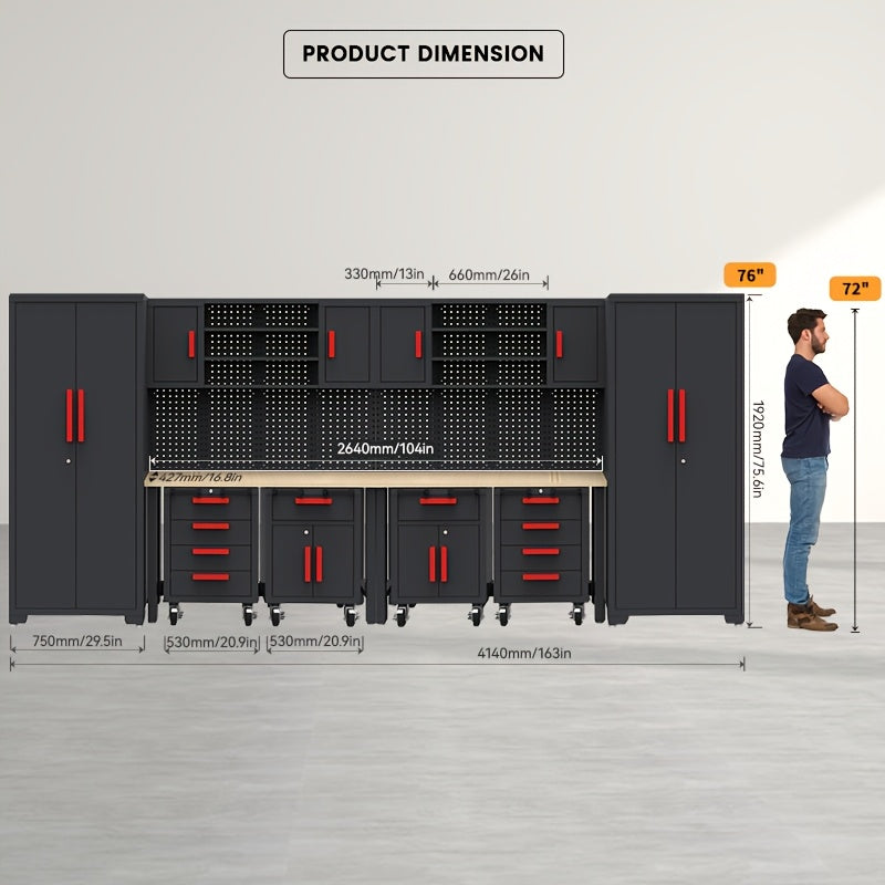 HPDMC 12pcs Heavy-Duty Steel Rolling Tool Box with Lockable Drawers & Cabinet - Heavy-Duty Steel Construction, 2-Tier Shelves, 3 Drawers, 2 Cabinets, Red Accents for Garage Workshop Storage (Black/Red)