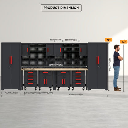 HPDMC 12pcs Heavy-Duty Steel Rolling Tool Box with Lockable Drawers & Cabinet - Heavy-Duty Steel Construction, 2-Tier Shelves, 3 Drawers, 2 Cabinets, Red Accents for Garage Workshop Storage (Black/Red)