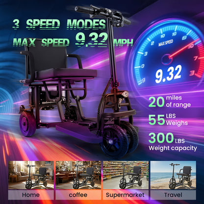 Mobility Scooters for Seniors, Dual Front Wheels, Autopilot Cruise Control, Airline Approved, 20 Miles Electric Scooter, 3 Gear Speed, Ultra Lightweight Folding Scooter