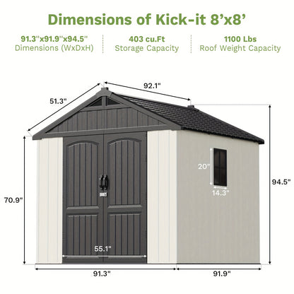 GUNJI 8X8 FT Outdoor Storage Shed with Lockable Door, Large 403 Cuft Resin Shed with Floor Roof Windows Vents, All-Weather Plastic Storage Shed Tool Organizer for Backyard Garden Patio Lawn