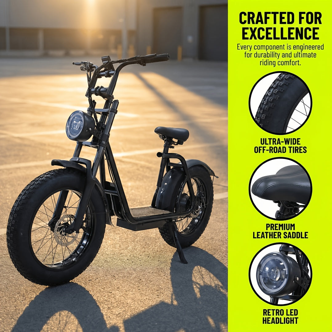 Electric Off-Road Scooter with Seat, Front And Rear Disc Brakes, Rear Wheel with ABS Anti-Lock Braking System for Safer Sudden Stops. Ultra-Long Range of 50 Km, Suitable for City Roads And All-Terrain Off-Road Use