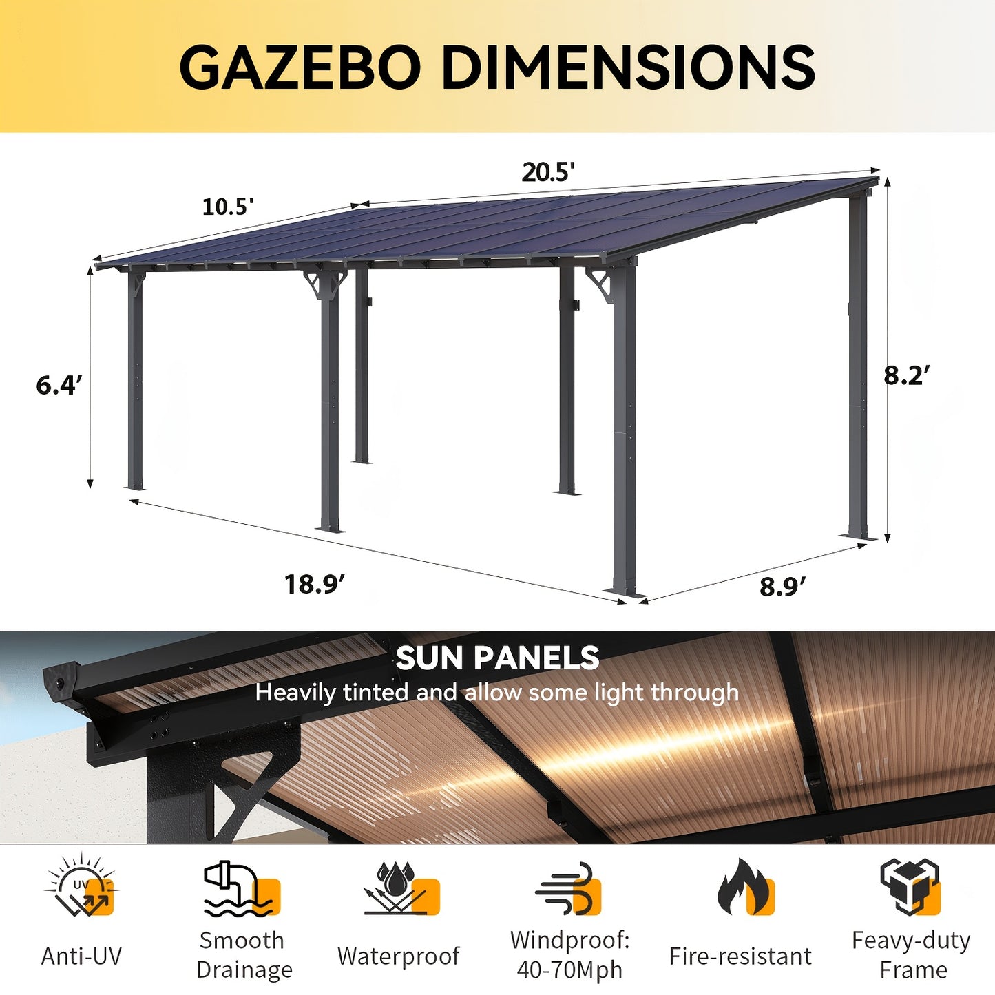 20'x10' Wall Mounted Carport - Hard Top Lean-to Wall Mounted Aluminum Awning With Canopy Roof, Outdoor All-Weather Cover For Patio, Backyard, Deck, Shade & Rain Protection