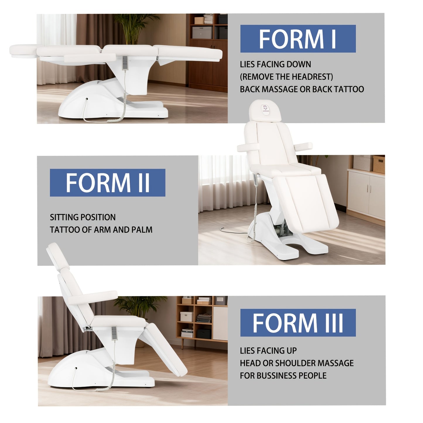 Electric Facial Chair Height Adjustable Tattoo Chair Electric Adjustable Angle Lash Bed with Hydraulic Stool Equipment Massage Chair with 3 Adjustable Electrical Motors